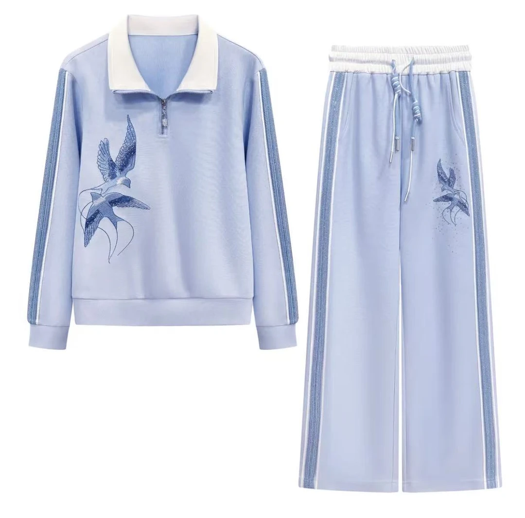 2025春季新款时尚烫钻百搭休闲蓝紫色上衣套装#6601/6602