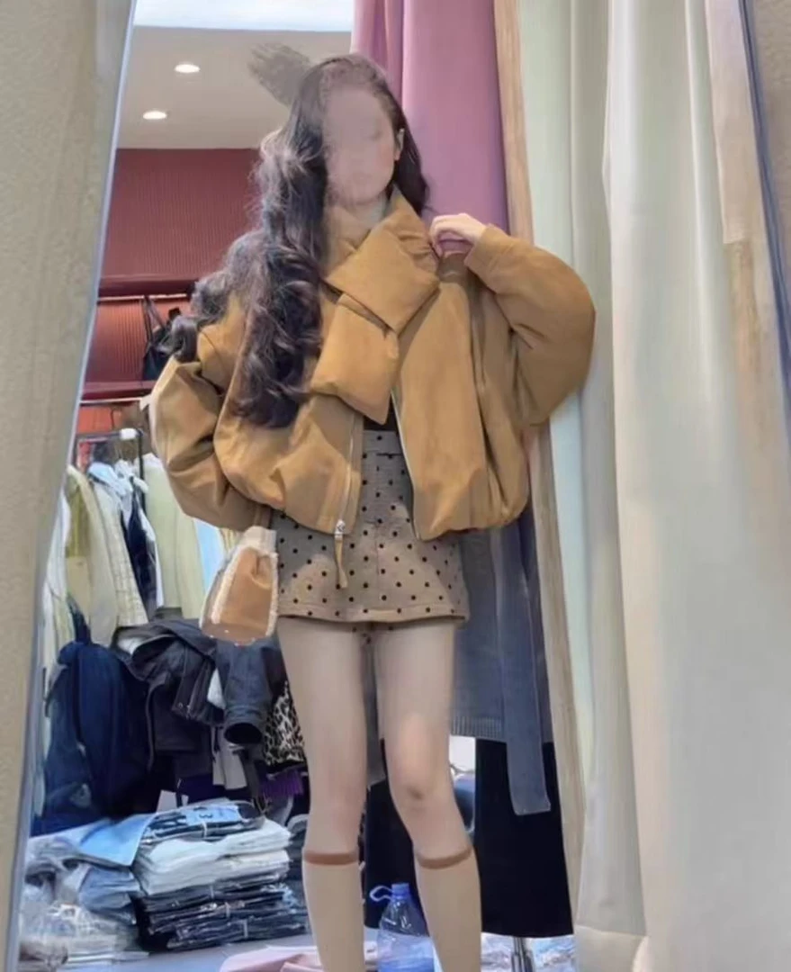 美式棕色拉链短款带围脖棉服外套女新款保暖长袖棉袄上衣