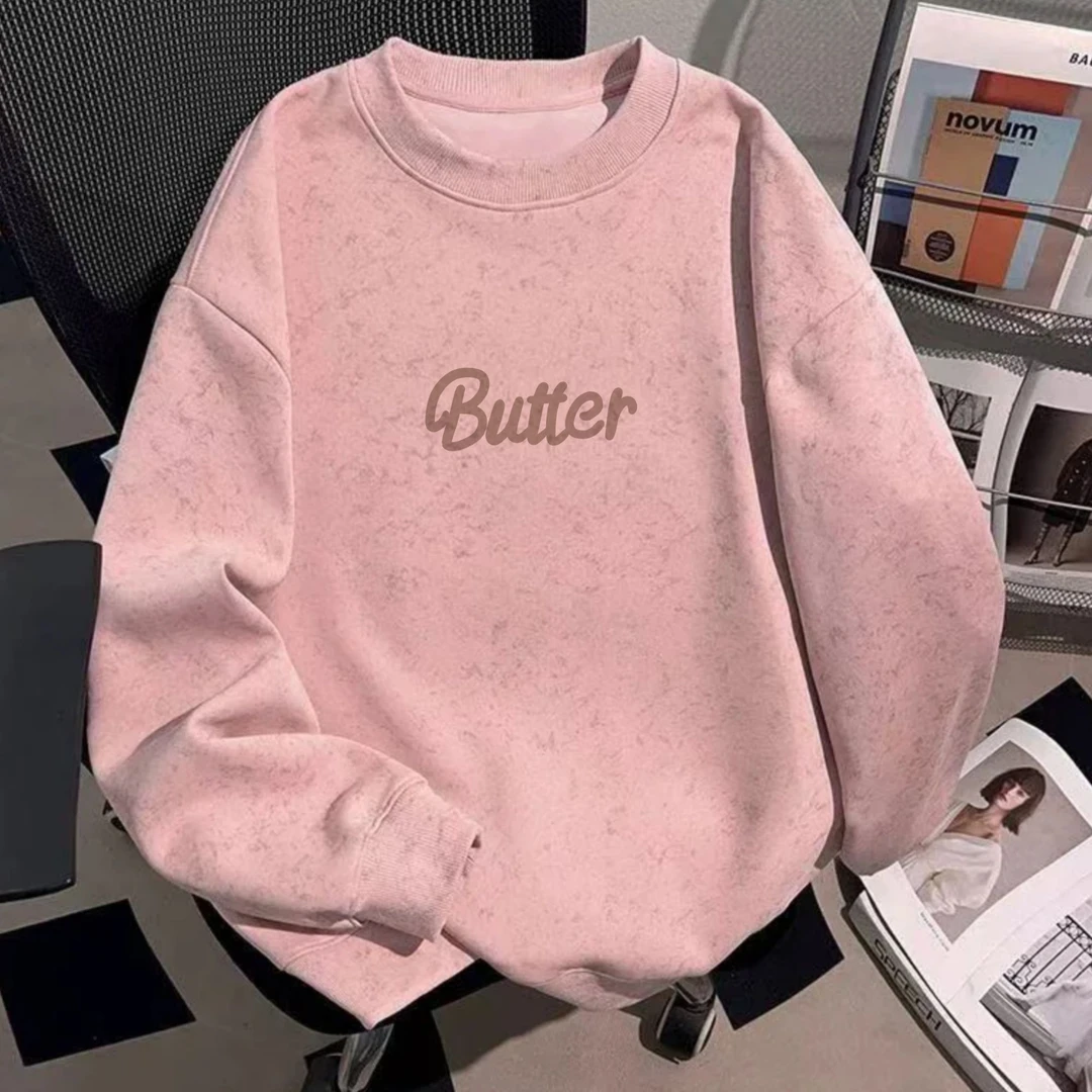 Butter潮牌秋冬季女款圆领男女同款卫衣简约宽松扎染打底衫上衣