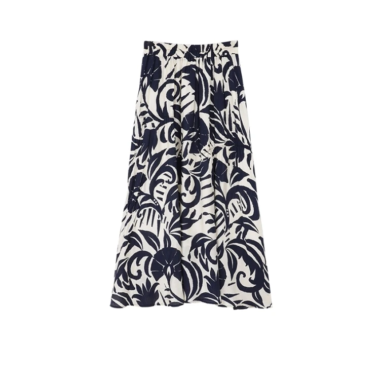 BSL 2137时尚复古印花百搭显瘦大摆半身裙