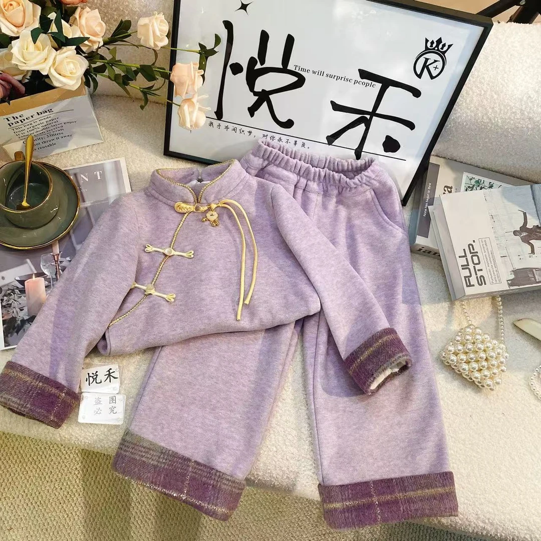 MM萌娃冬装香芋紫新年拜年服新中式加绒过年裤子套装6480