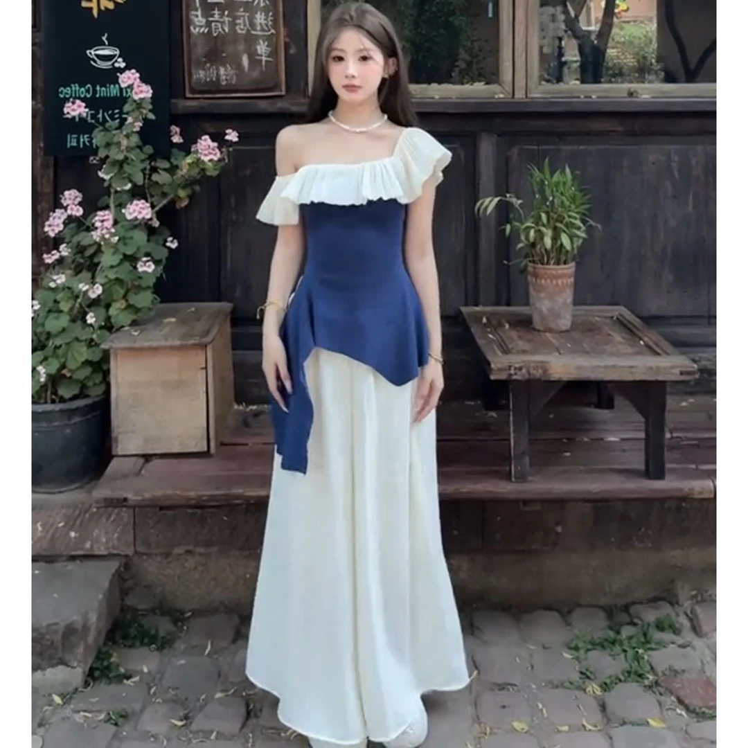 MARIE.COCO法式气质一字肩荷叶边蓝色短袖上衣搭配休闲阔腿裤套装