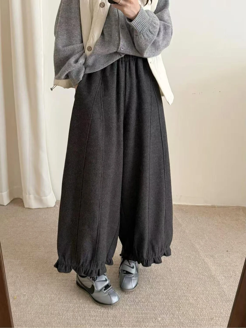 韩系复古松紧腰木耳边毛呢花苞裤女2025冬新款阔腿九分裤休闲裤潮