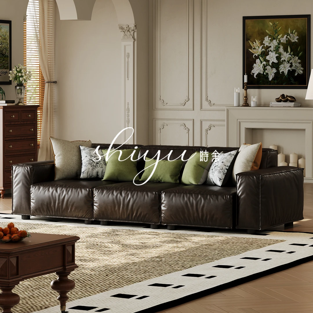 时余威尔顿沙发南洋风美式直排油蜡皮沙发大黑牛豆腐块真皮沙发