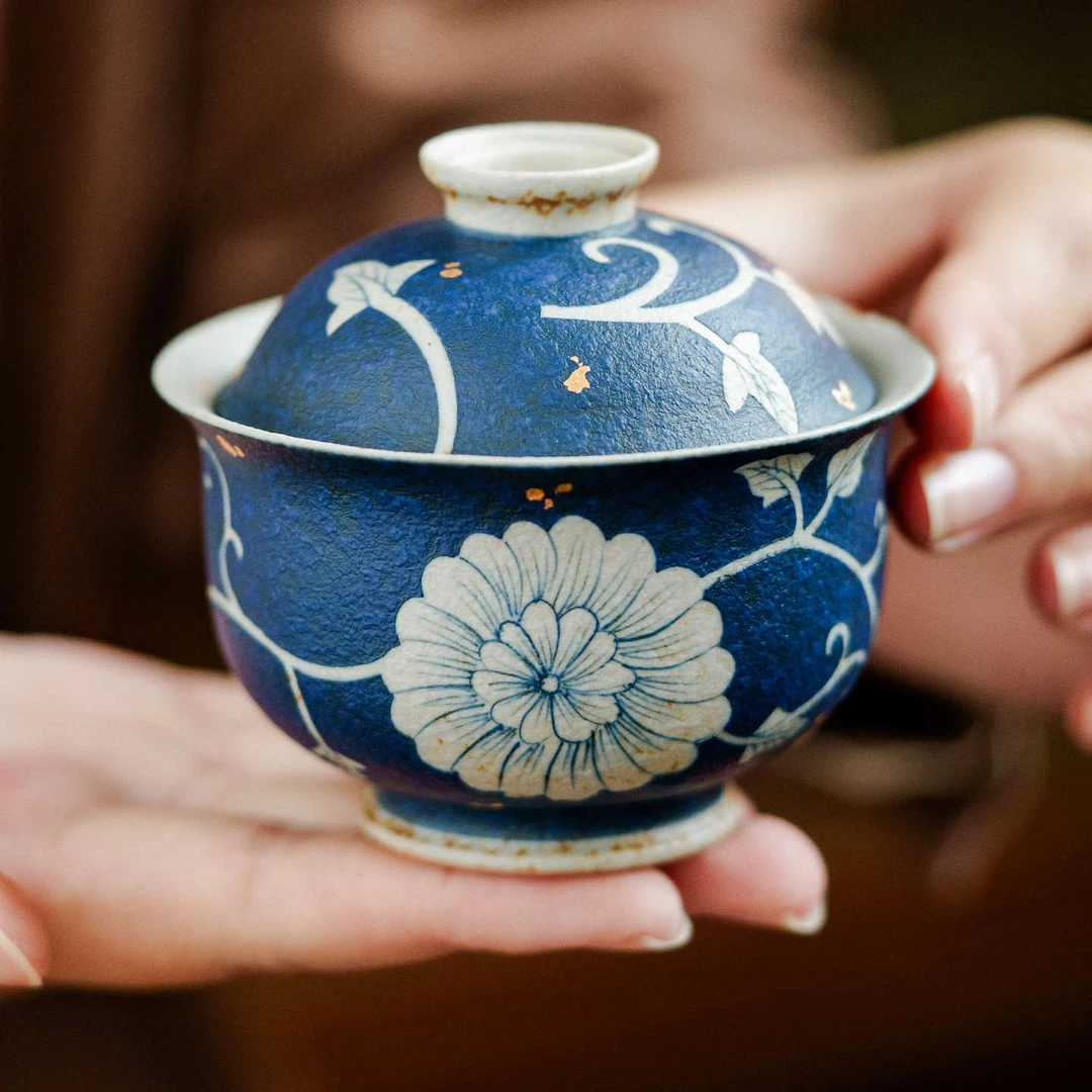 洒金手绘牡丹盖碗茶杯陶瓷茶器泡茶碗带盖茶盅青花手工复古中式