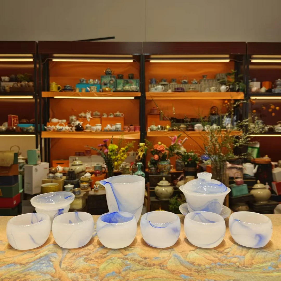 玲珑 飘蓝琉璃盖碗茶具套组（无礼盒）自用款茶具套装-2342