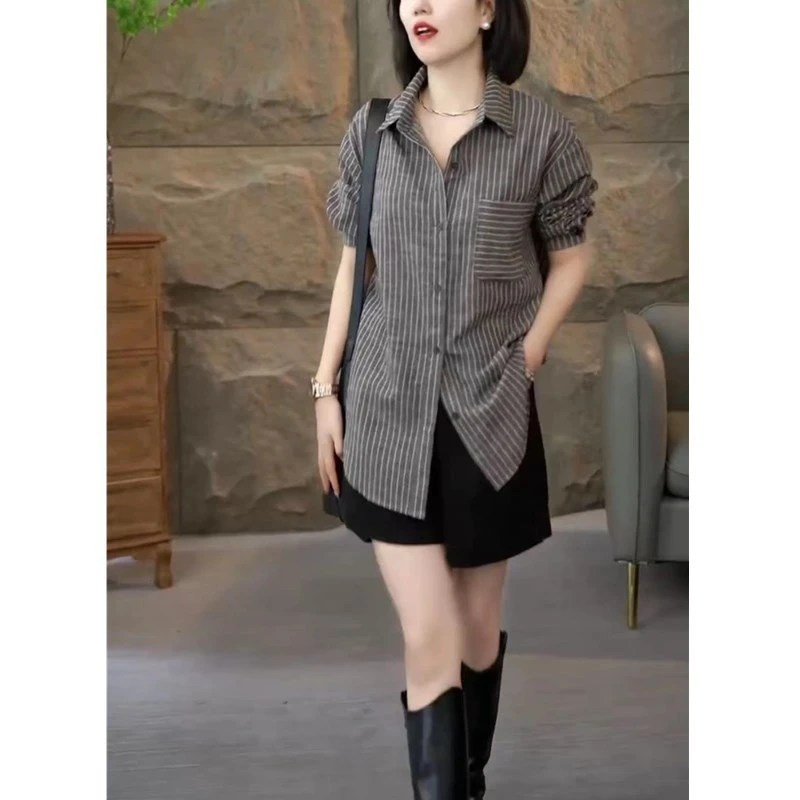 23673大爱美依缘新款时尚韩版条纹长袖衬衫宽松显瘦休闲短裤女款