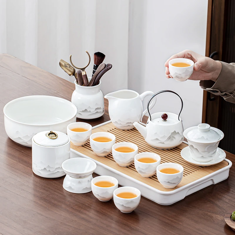 轻奢羊脂玉白瓷水墨功夫茶具茶盘套装高端全套家用办公室待客喝茶