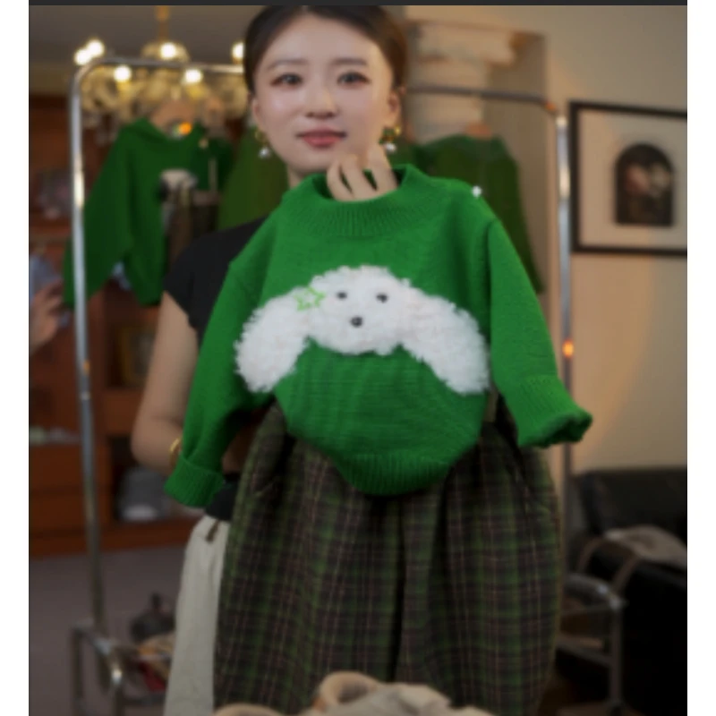 25年童装动物卡通毛衣绿色厚款时尚秋冬圆领长袖套头休闲风8088