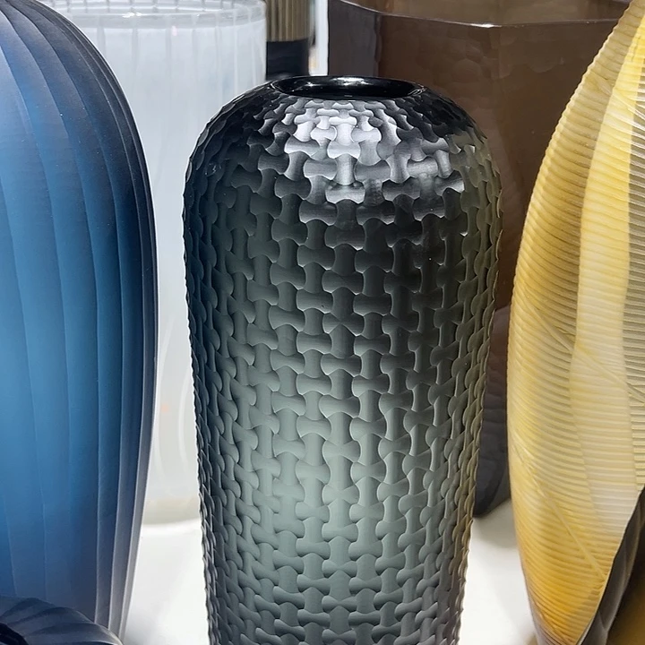 琉璃手工艺品灰色磨刻花瓶花器高41口6
