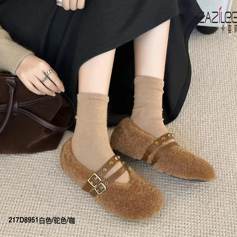 冬季新款羊羔毛毛毛鞋女鞋真羊毛外穿平底加绒保暖豆豆鞋8951