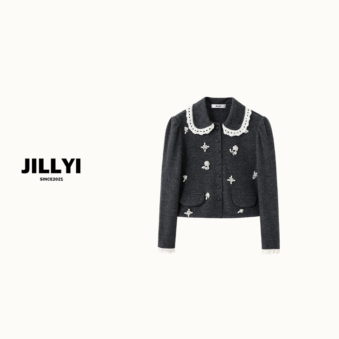 JILLYI【薄暮铃兰】神灰色元宝领手缝珍珠轻奢百搭针织开衫气质时尚