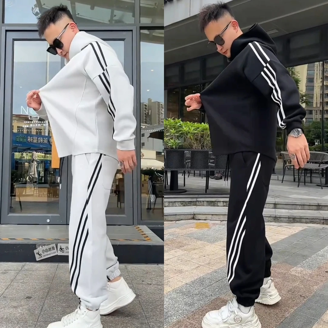 2025秋冬新款420g撞色三条杠连帽卫衣情侣款洋气百搭运动休闲套装