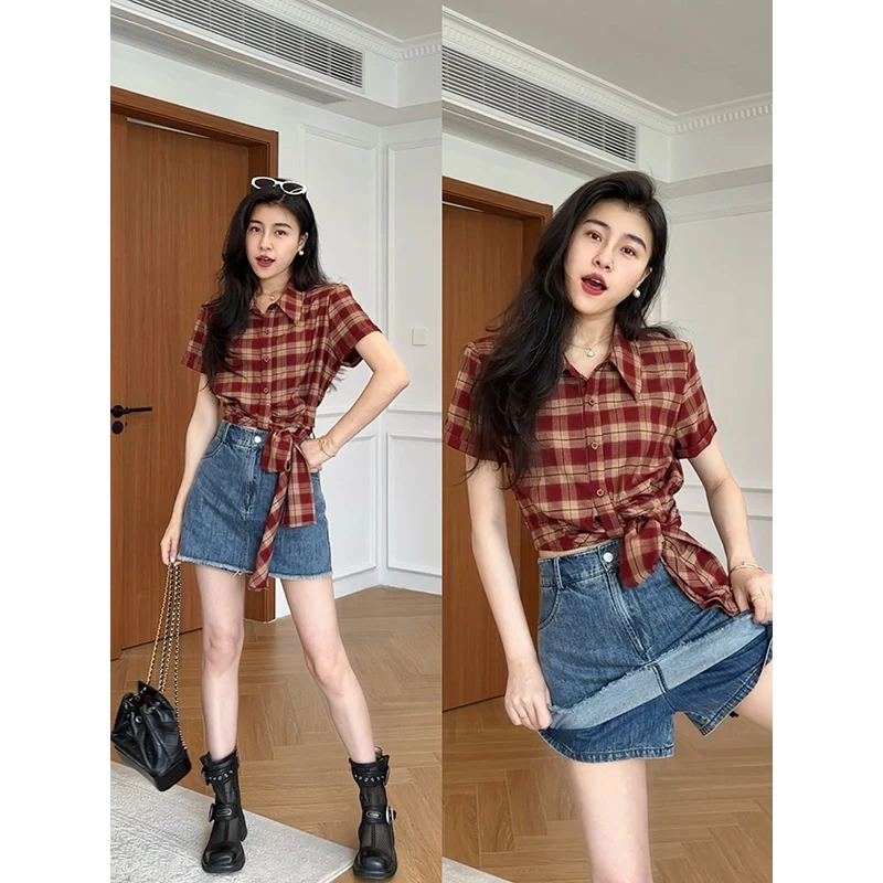 张阿星【复古港风】港风活力复古红格衬衫+牛仔半裙裤W425A08830