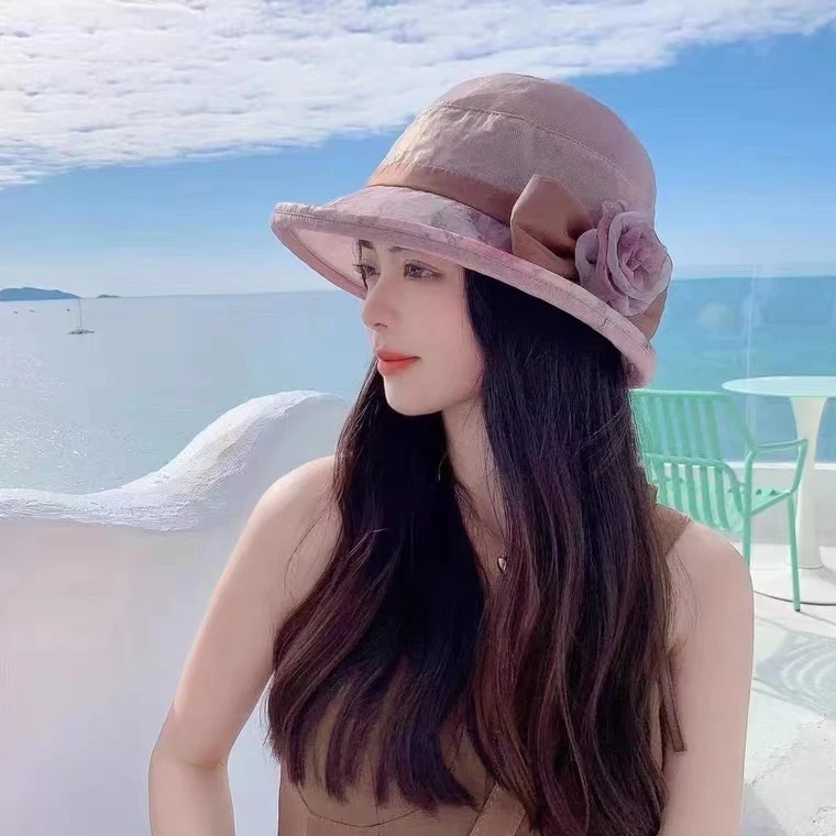51号 夏天旅行度假出片 中老年女士薄款网纱花朵可拆可卸时尚帽