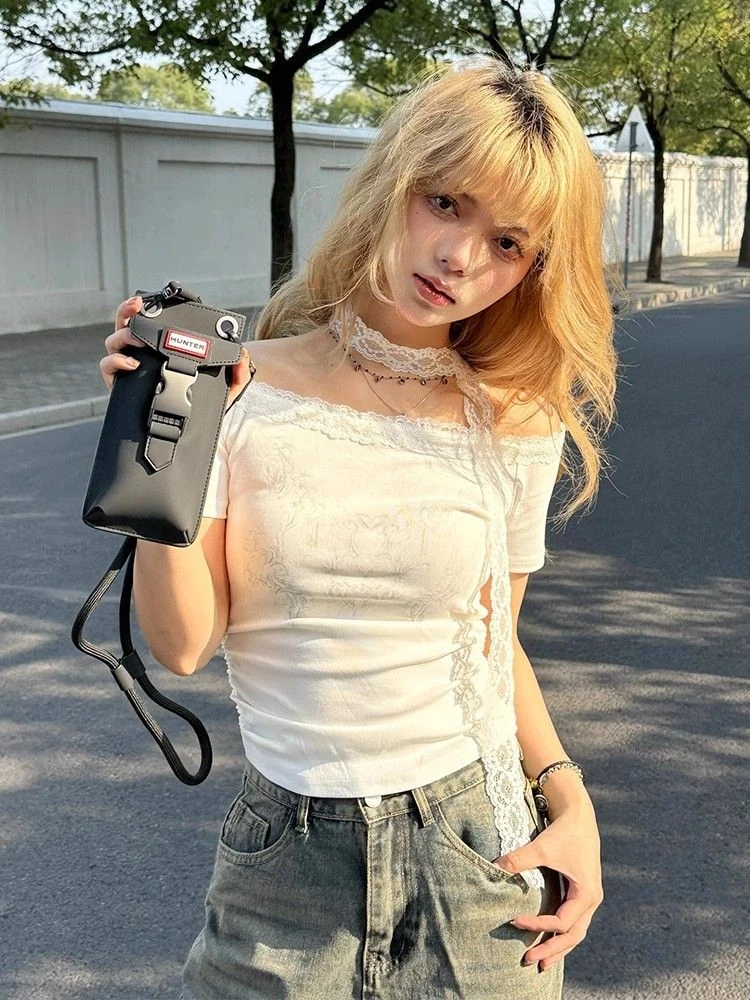 白色一字肩短袖t恤女夏季修身显瘦设计感蕾丝领飘带辣妹露肩上衣