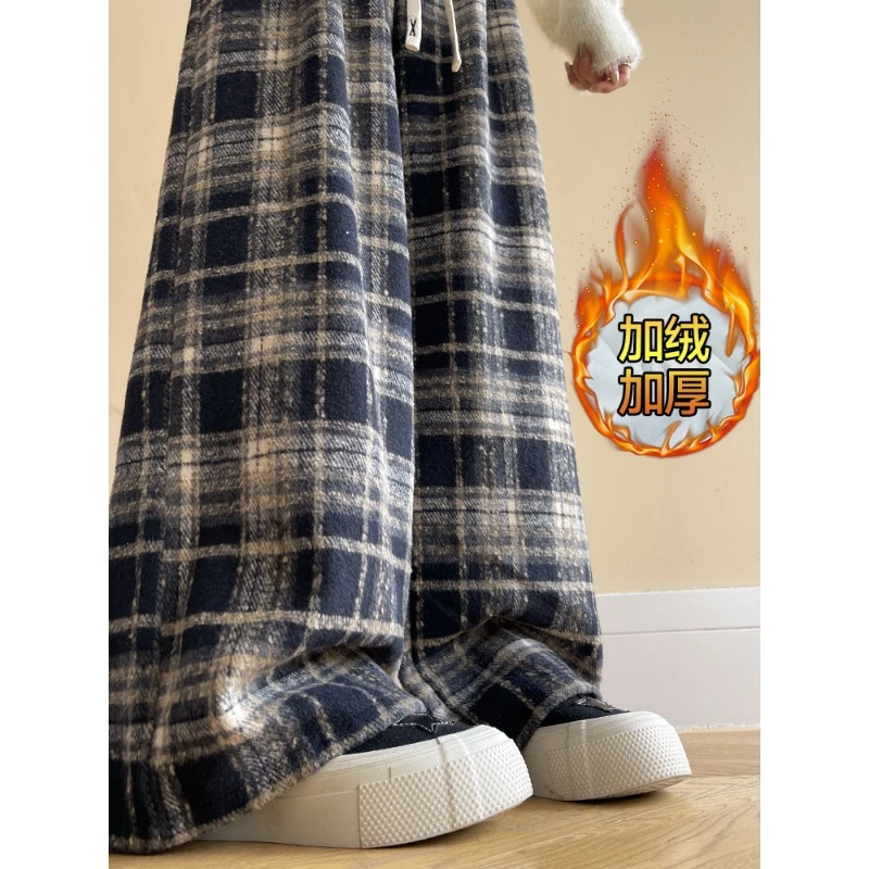 复古毛呢格子裤子女2025新款秋冬款宽松垂感直筒小个子加绒阔腿裤