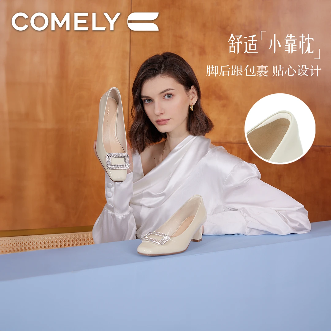 【康莉COMELY】KYQ5A099水钻时尚软高跟鞋女真皮粗跟方头防水台单鞋