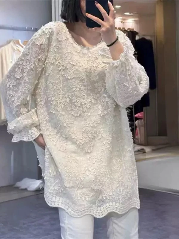 时尚立体花朵重工蕾丝气质长袖圆领百搭中长款衬衫【诺693】