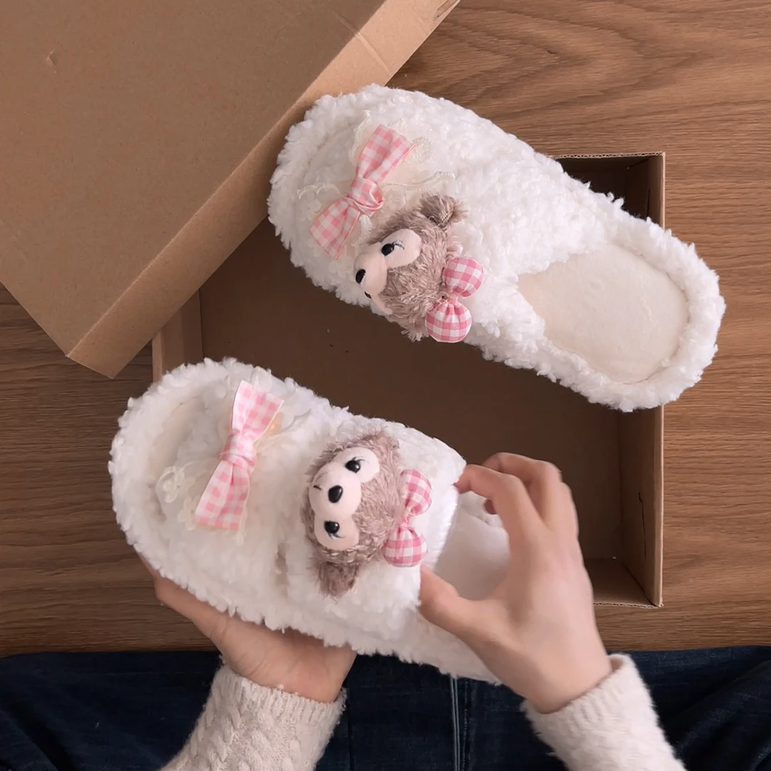 可爱卡通厚底一字毛毛拖鞋女外穿2025新款秋季百搭保暖居家棉拖鞋