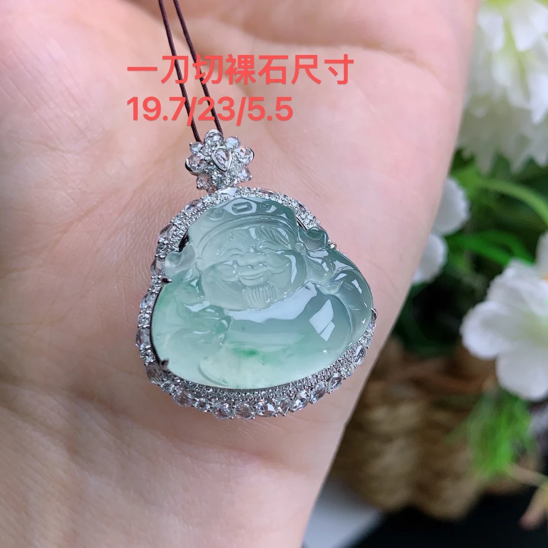 缅甸天然翡翠A货18k高冰玻起钢飘花财神爷吊坠林尺寸32.3/26/11.8