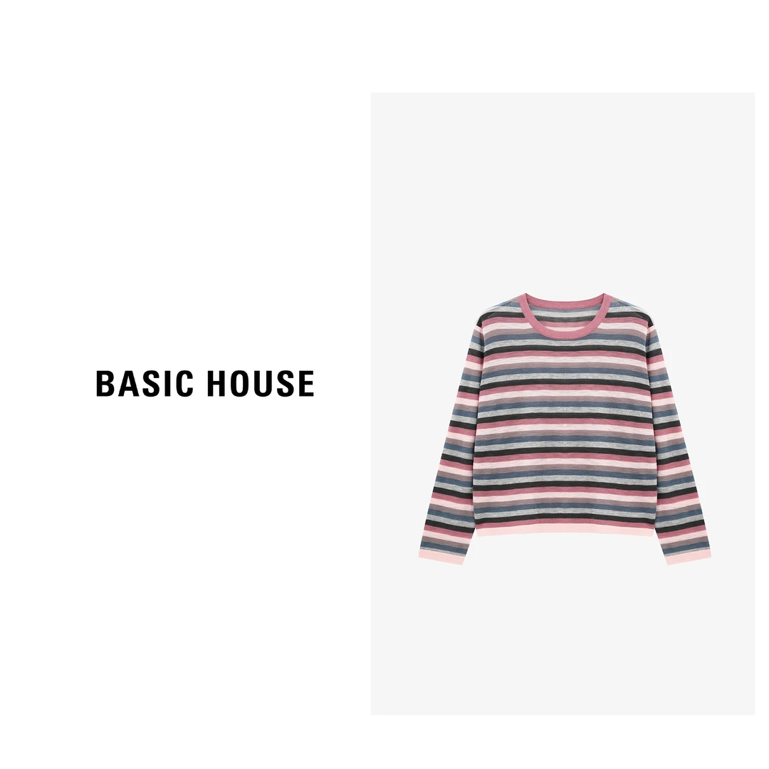 Basic House/百家好长袖时尚休闲条纹圆领套头针织衫-B0625B5GWZ2
