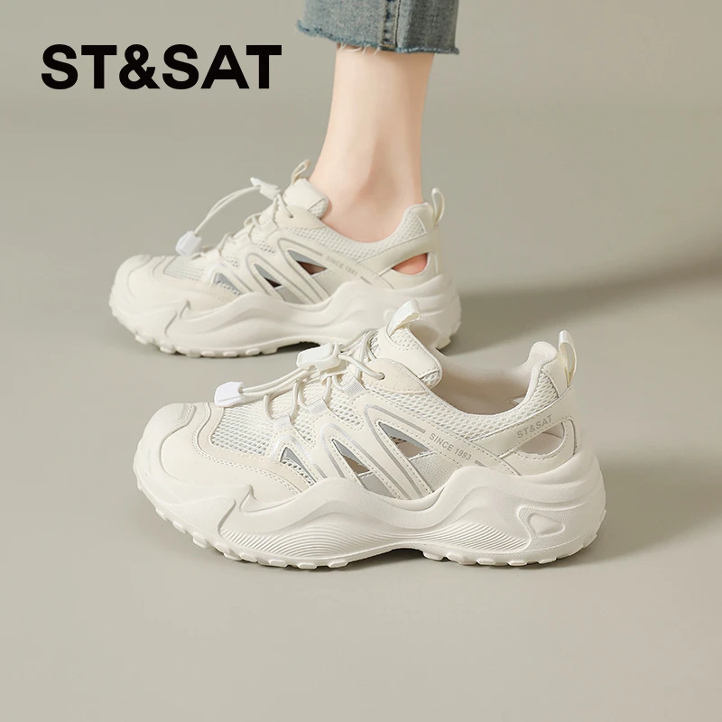 星期六透气网面户外登山运动鞋女2025轻便松紧带慢跑休闲老爹鞋女
