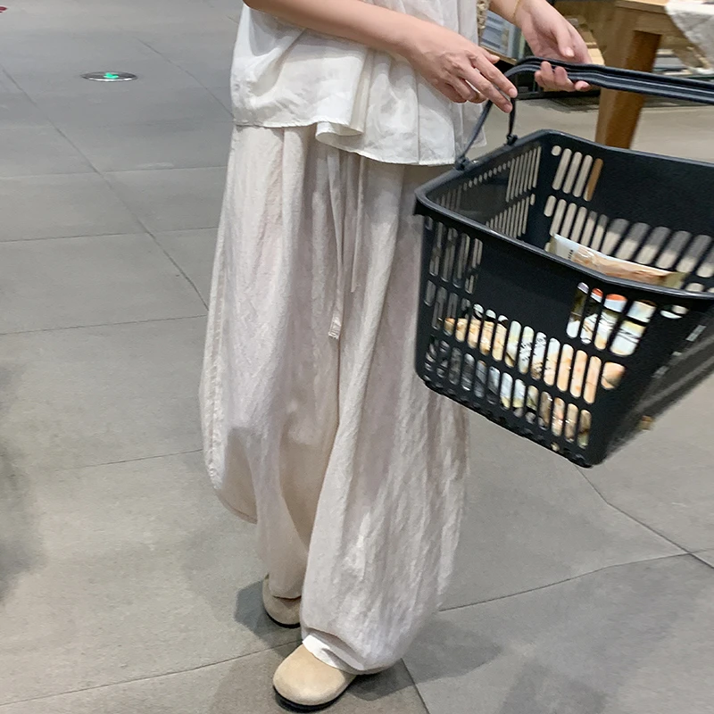 麻本色棉麻气球弯刀裤女夏季薄款高腰宽松休闲小个子亚麻阔腿长裤