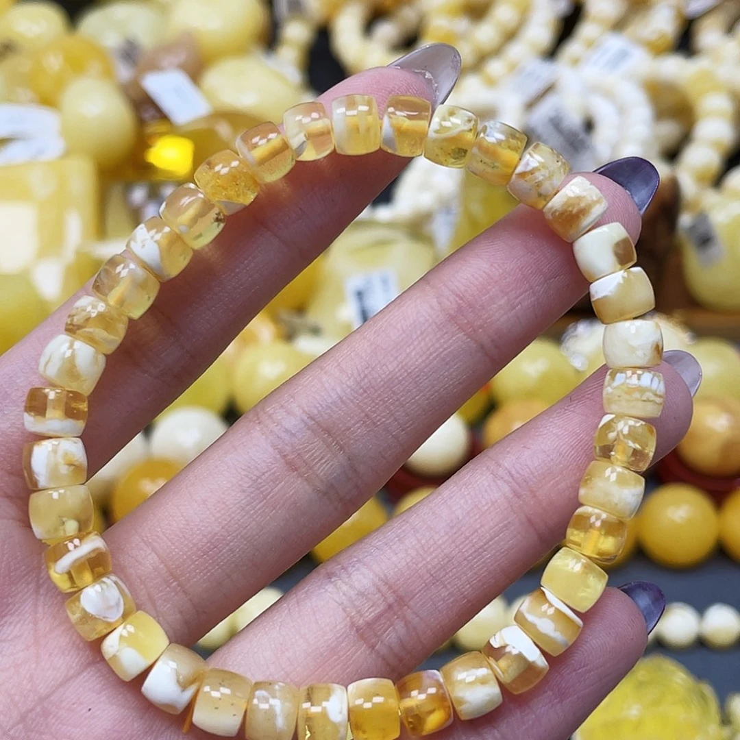 琥珀未镶嵌裸石6.5mm直切蜜蜡手串 瑕 福利款