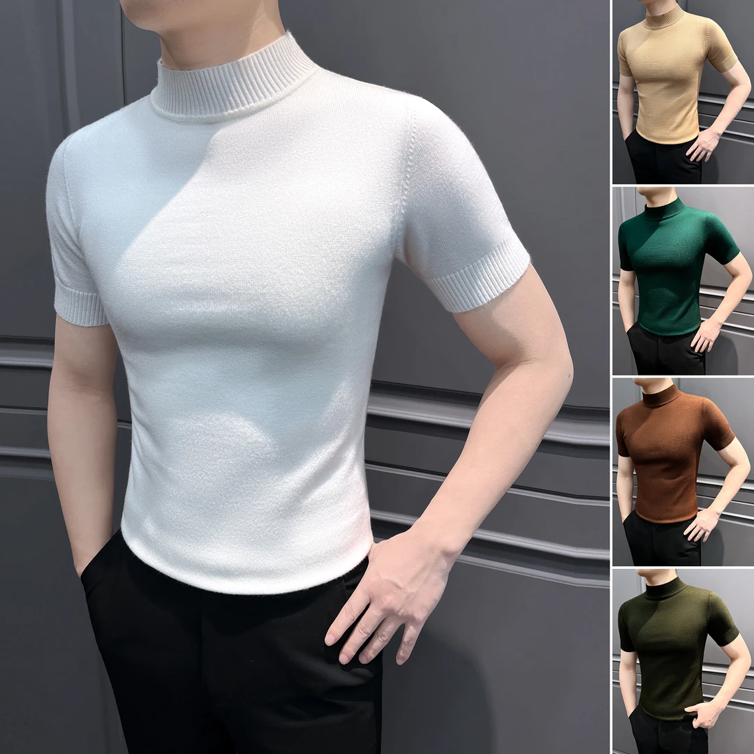 半高领男士打底衫痞帅高级感休闲男装纯色针织衫内搭短袖男款t恤