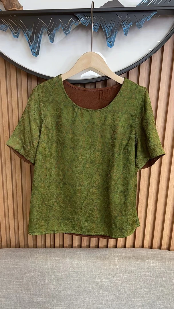 夏季短袖女士圆领套头T恤印花提花新中式设计师常规9694