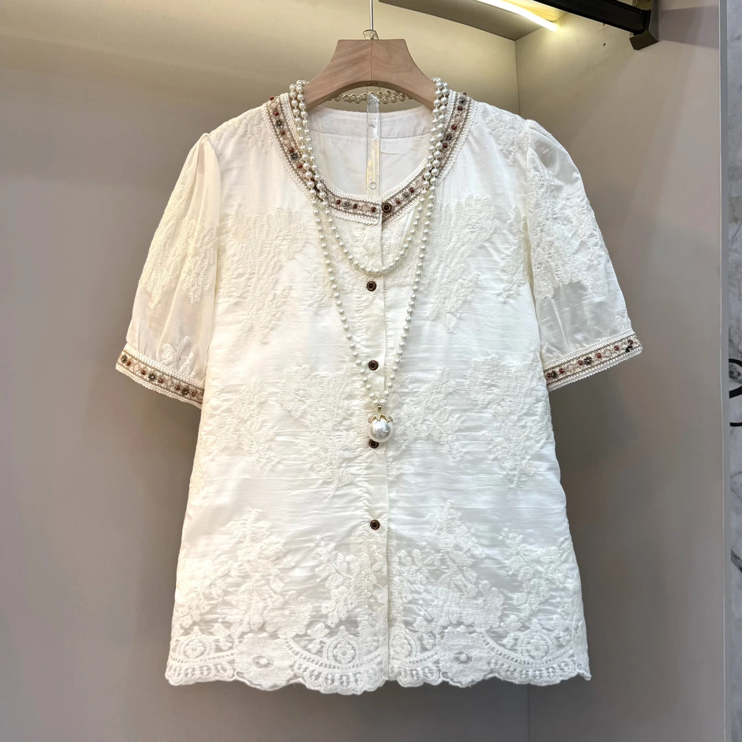 2025夏新款韩系甜美蕾丝刺绣珠珠包边开襟泡泡袖减龄小衫25060