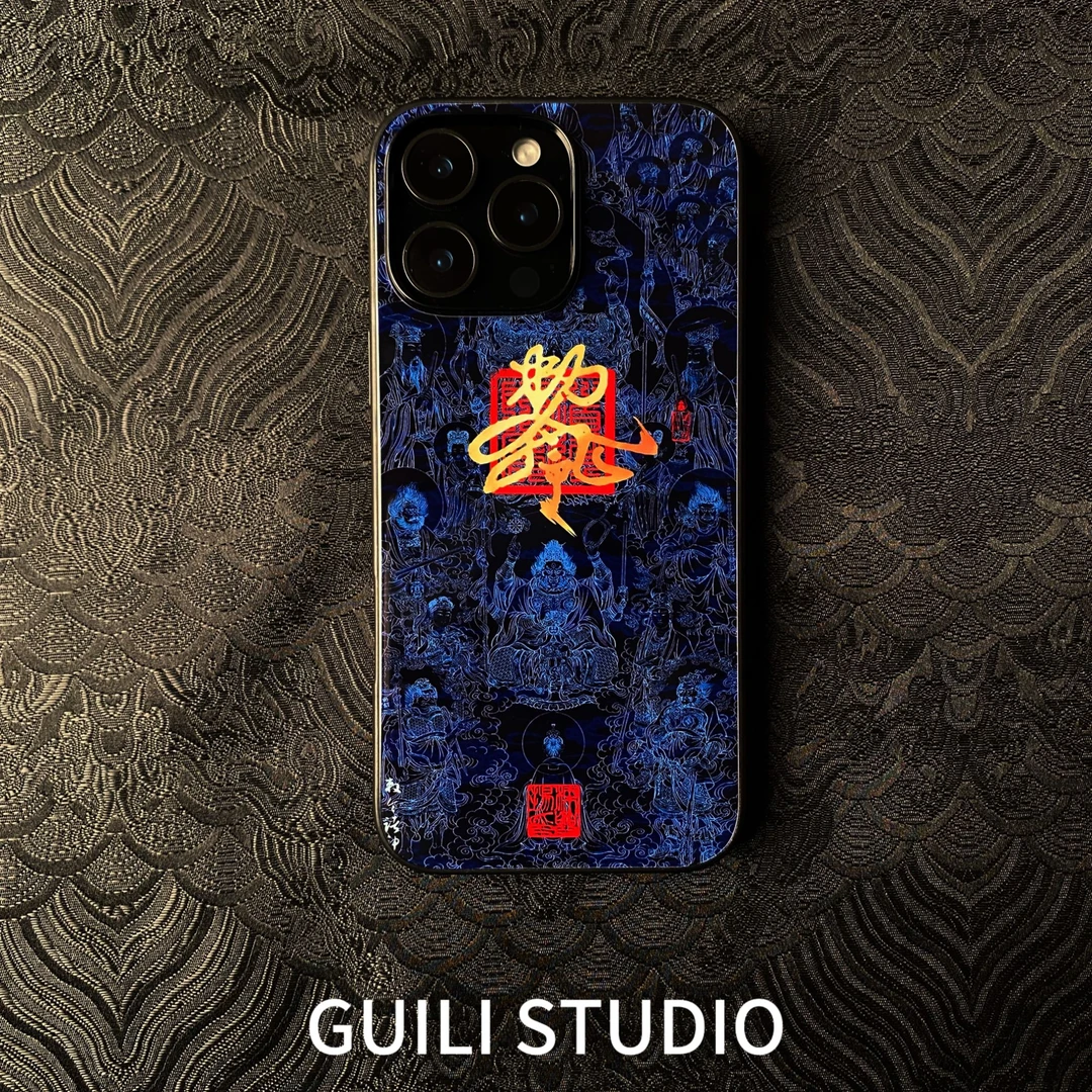 【勅令诸神】八方来财iphone17适用苹果华为机型钢化玻璃手机壳蓝色