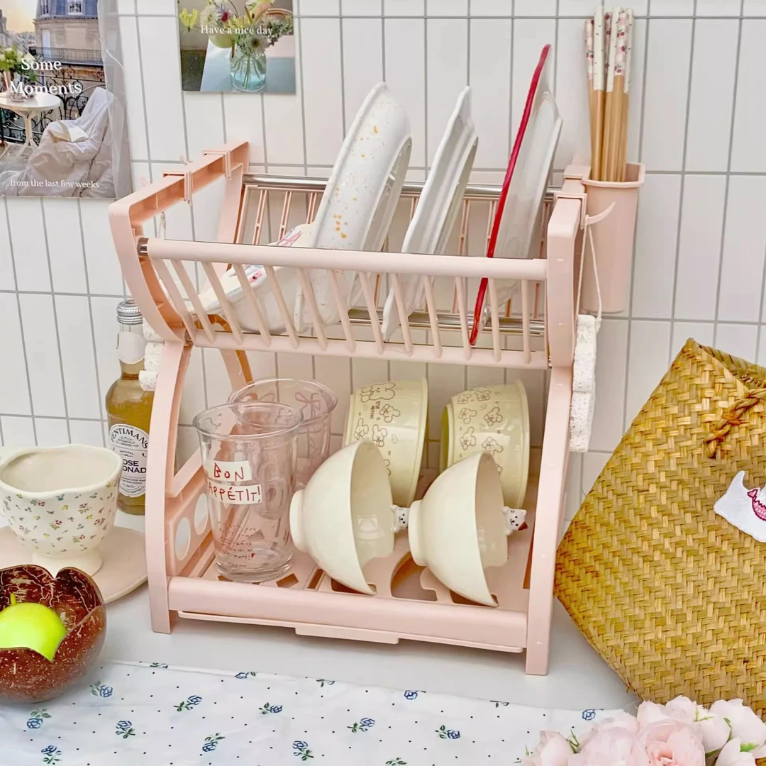 厨房置物架用具晾洗沥水碗架多功能碗柜碟筷盘收纳盒双层餐具架cy