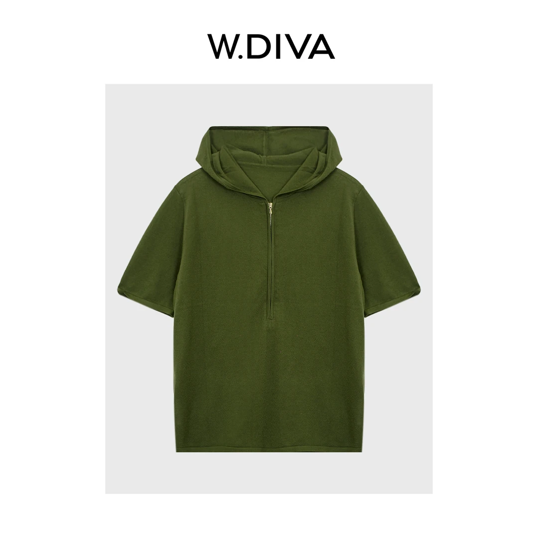 W.Diva【旅途】进口三醋酸简约显瘦宽松连帽短袖针织T恤52Z032259
