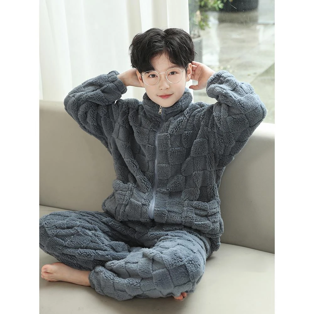 儿童装男童睡衣春秋冬款家居服加绒加厚珊瑚绒冬季大童男孩法兰绒