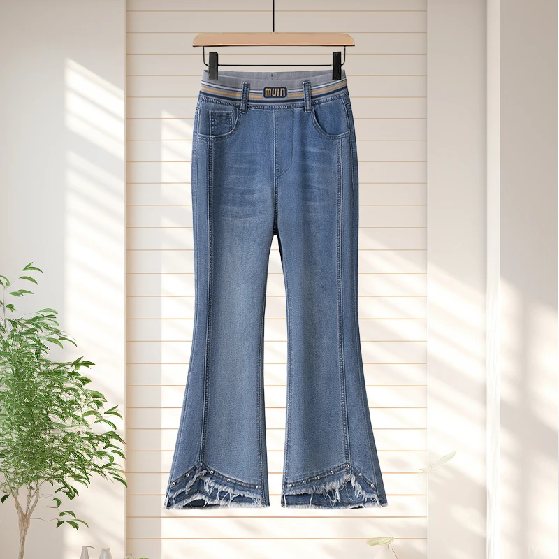 松紧腰高腰中年妈妈韩版微喇牛仔七分裤女2025夏季喇叭裤八分胖mm