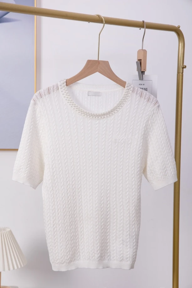 CHENXI 25夏新款气质甜美珍珠圆领针织衫女麦穗纹理短袖女8007