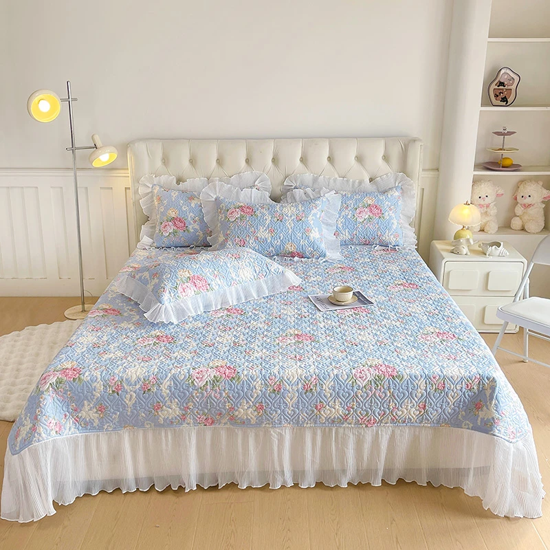 100%全棉夹棉床盖加厚荷叶花边榻榻米炕盖四季纯棉小清新防滑床单