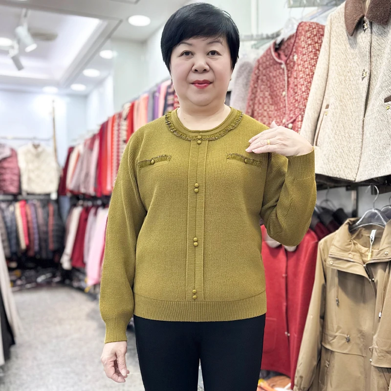 洋气妈妈装冬季小香风绒衫针织打底衫喜婆婆中老年加厚圆领毛衣女