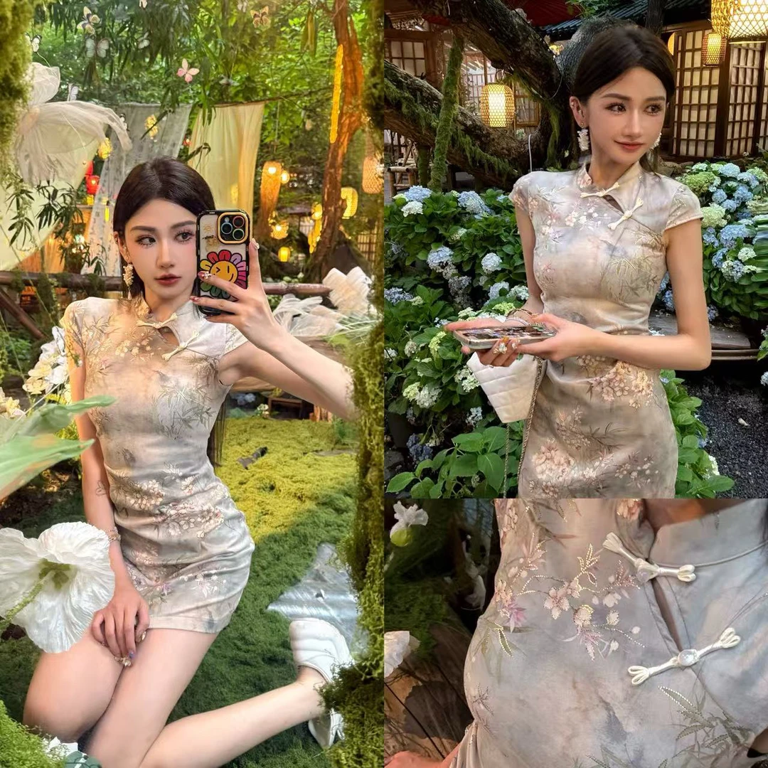 烫金国风改良旗袍皱褶包臀性感连衣裙