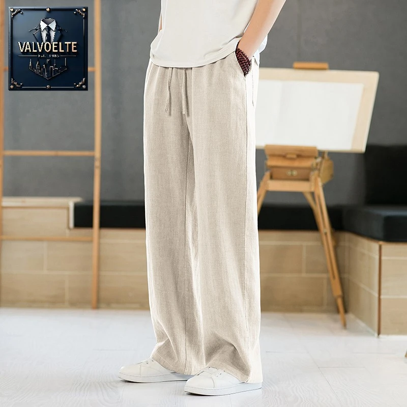 亚麻裤男夏季宽松直筒棉麻裤子新中式国风套装高端麻料老钱风男裤