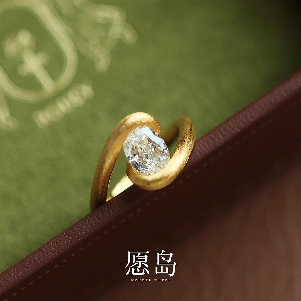 愿岛 925银莫桑石戒指 法式气质个性简约拉丝金属蛋面戒指JZ2043