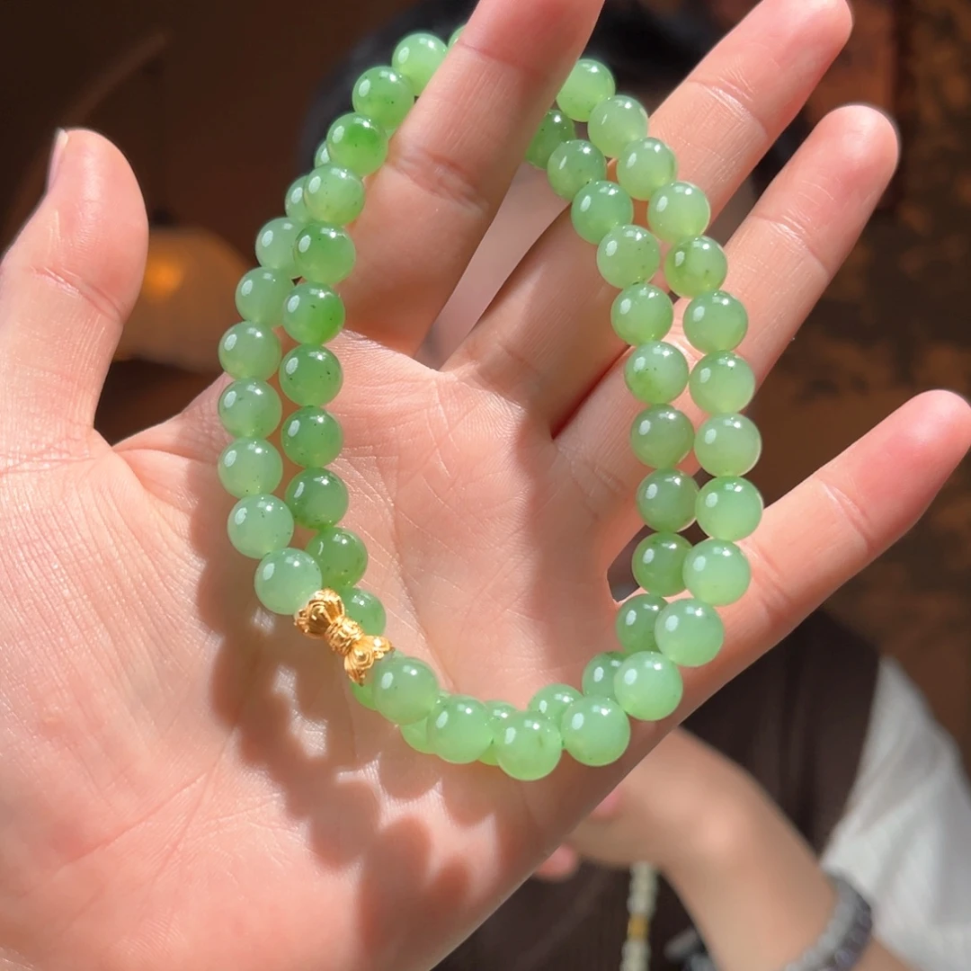 颈饰银S925镶嵌和田玉乌兰海苹果绿微矿8mm妈妈链2000