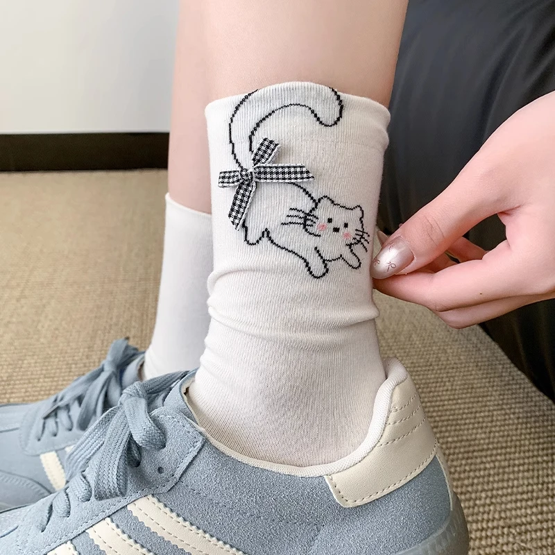 堆堆袜女夏季可爱卡通小猫刺绣棉袜日式ins潮少女风蝴蝶结中筒袜