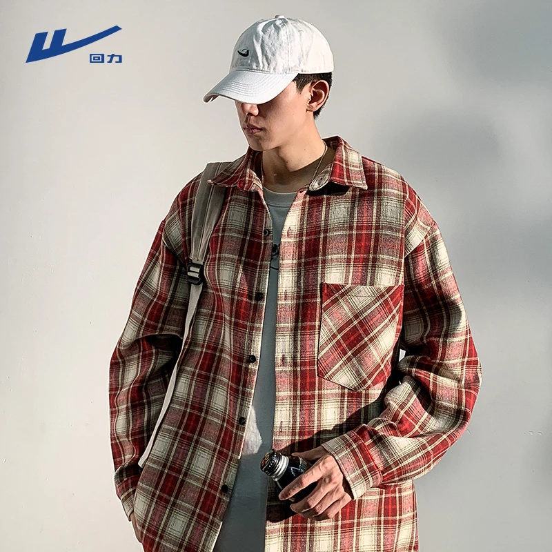 回力格子衬衫男秋季潮牌小众设计感男生外套休闲宽松百搭长袖衬衣