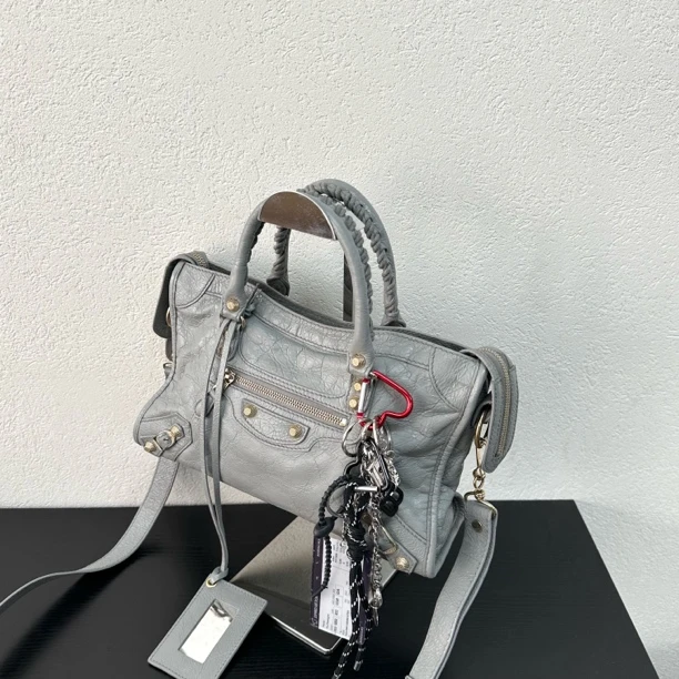 95新 Balenciaga/巴黎世家 灰金油蜡皮小号city机车斜挎包 123644
