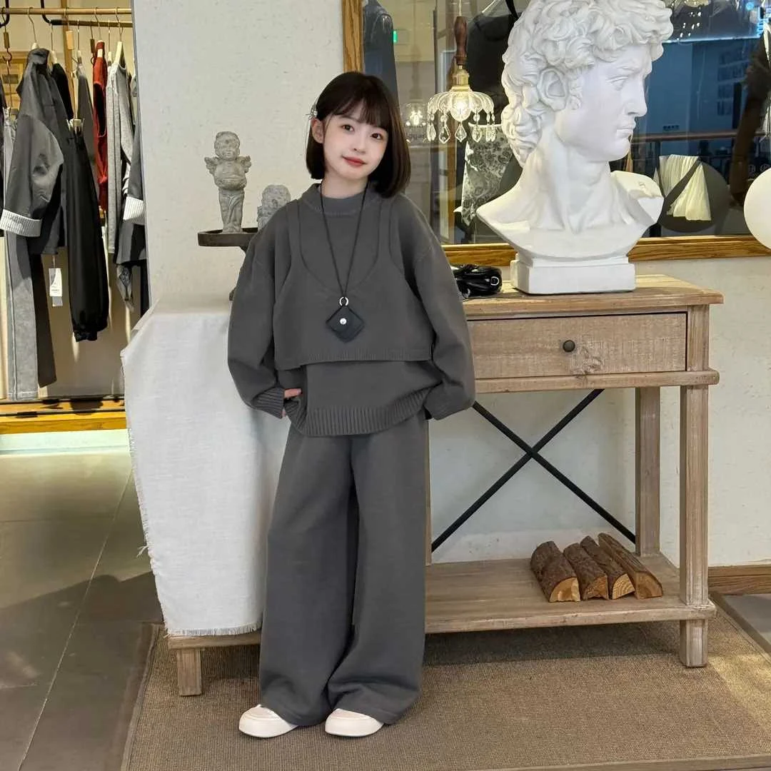 女童慵懒风韩系叠穿毛衣三件套春秋季2025新款洋气针织上衣阔腿裤