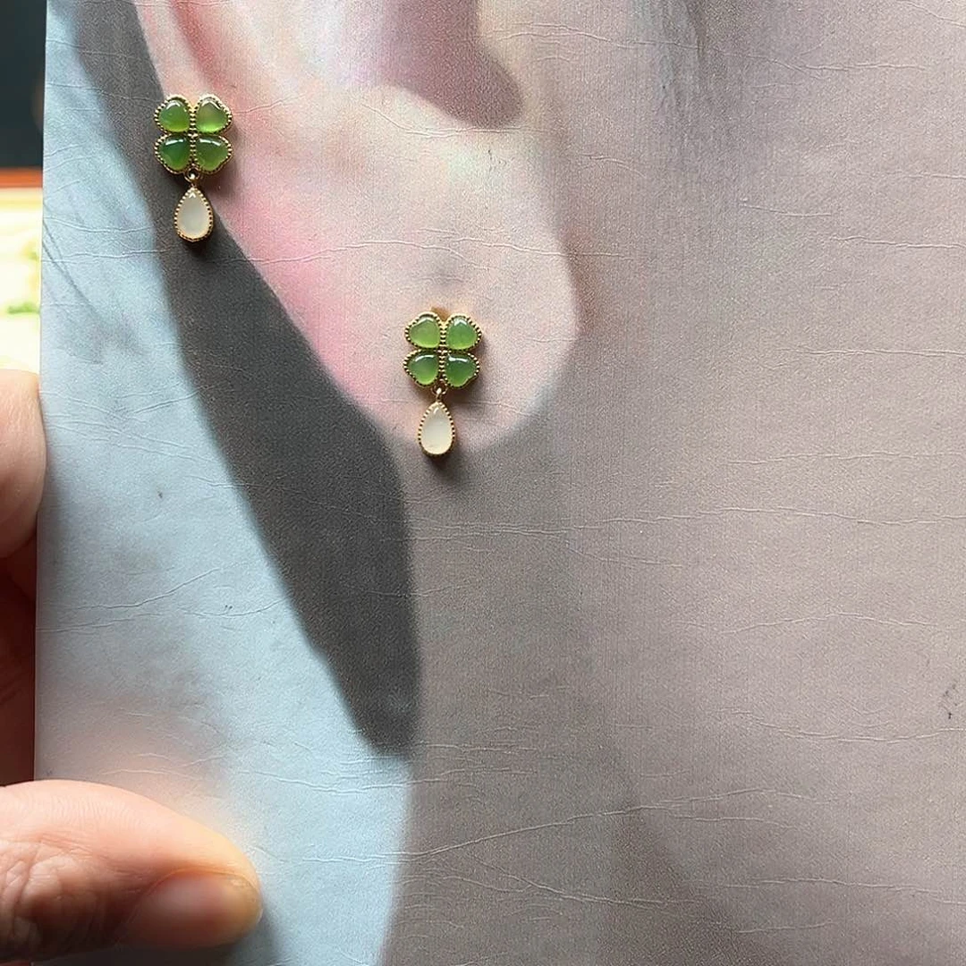 和田玉耳饰银S925镶嵌