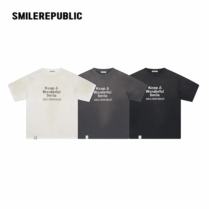 SMILEREPUBLIC  水洗做旧宽松T恤圆领宽松夏季休闲设计师透气复古